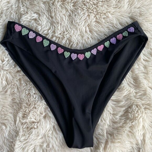 Oceanus Tina Beaded Heart Embroidered Black Bikini Bottoms - Picture 1 of 7